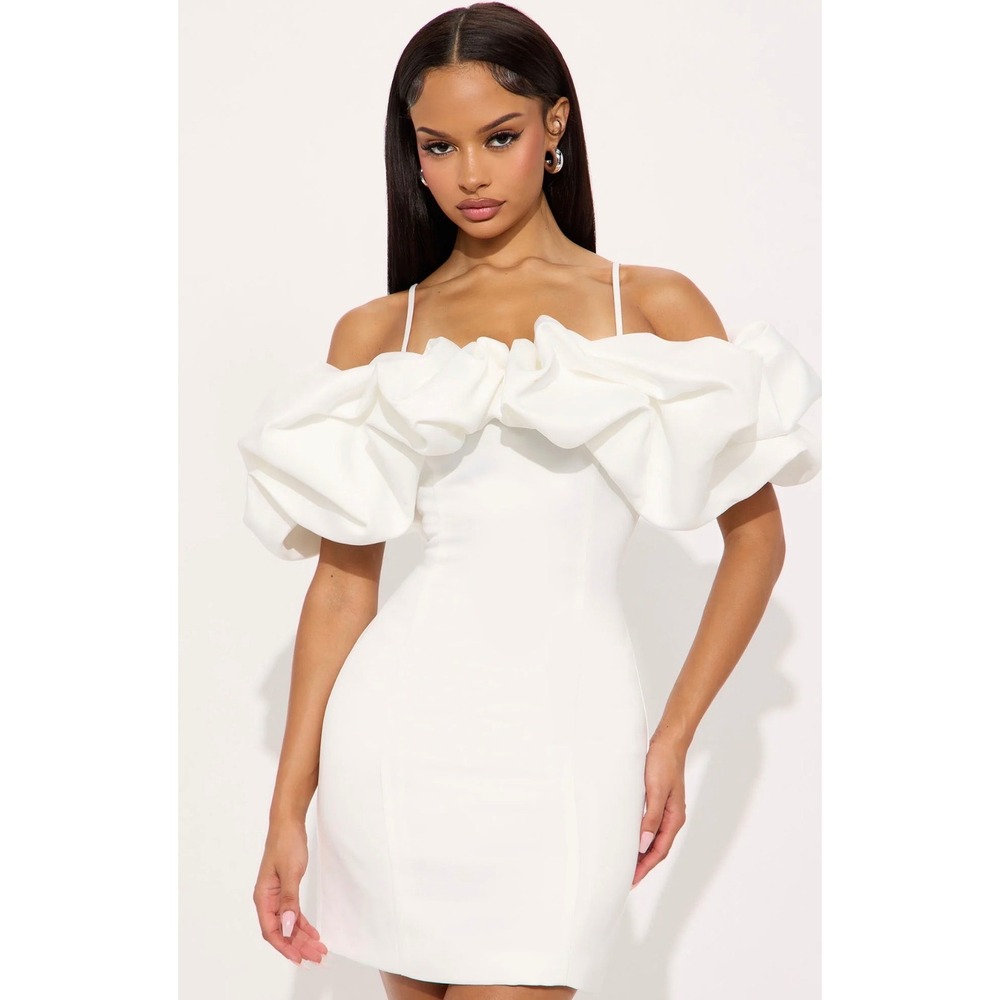 Fashion Nova White Ruffle Off The Shoulder Bodycon Mini Dress Bridal Small
